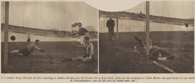 874723 Collage van 2 foto's betreffende de voetbalwedstrijd tussen Hercules (Utrecht) en Gouda, in Stadion Galgenwaard, ...